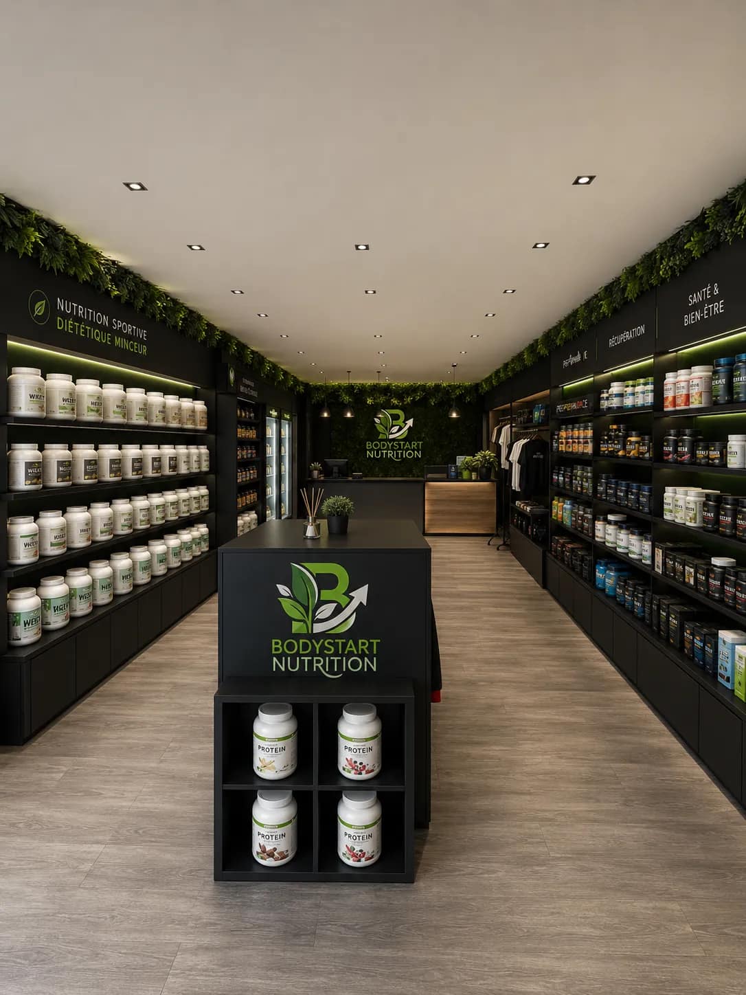 Intérieur de la boutique BodyStart Nutrition à Coignières : rayons de compléments, mur végétal et comptoir